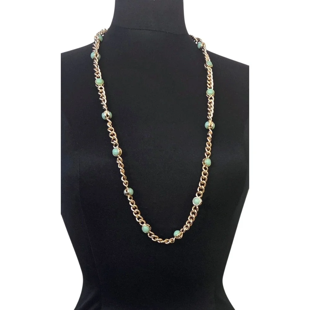 Banana Republic Sage Mint Green Beaded‎ Faux Jade Beads Necklace Gold Tone 35